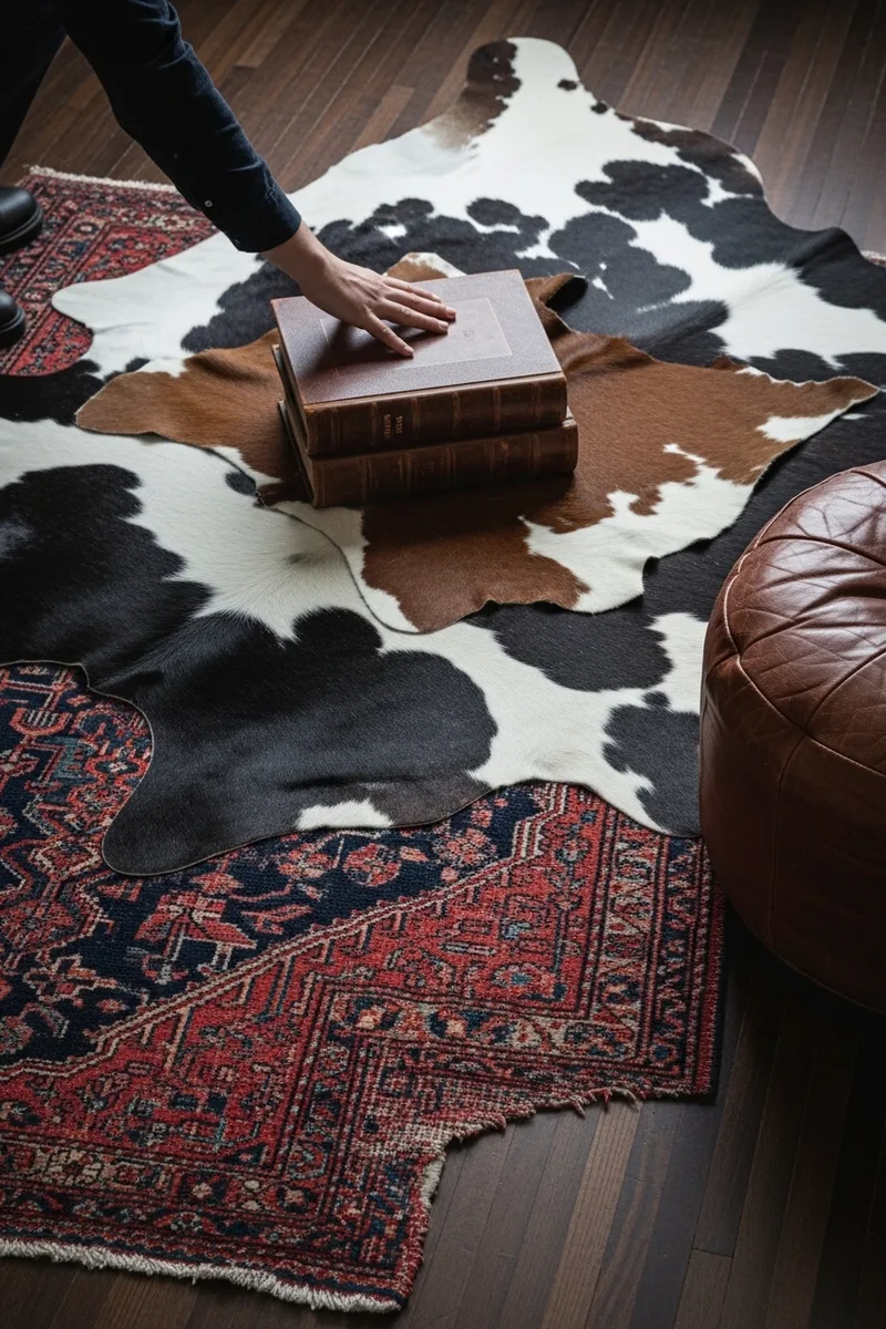 Layered Persian and Animal Hide Rugs