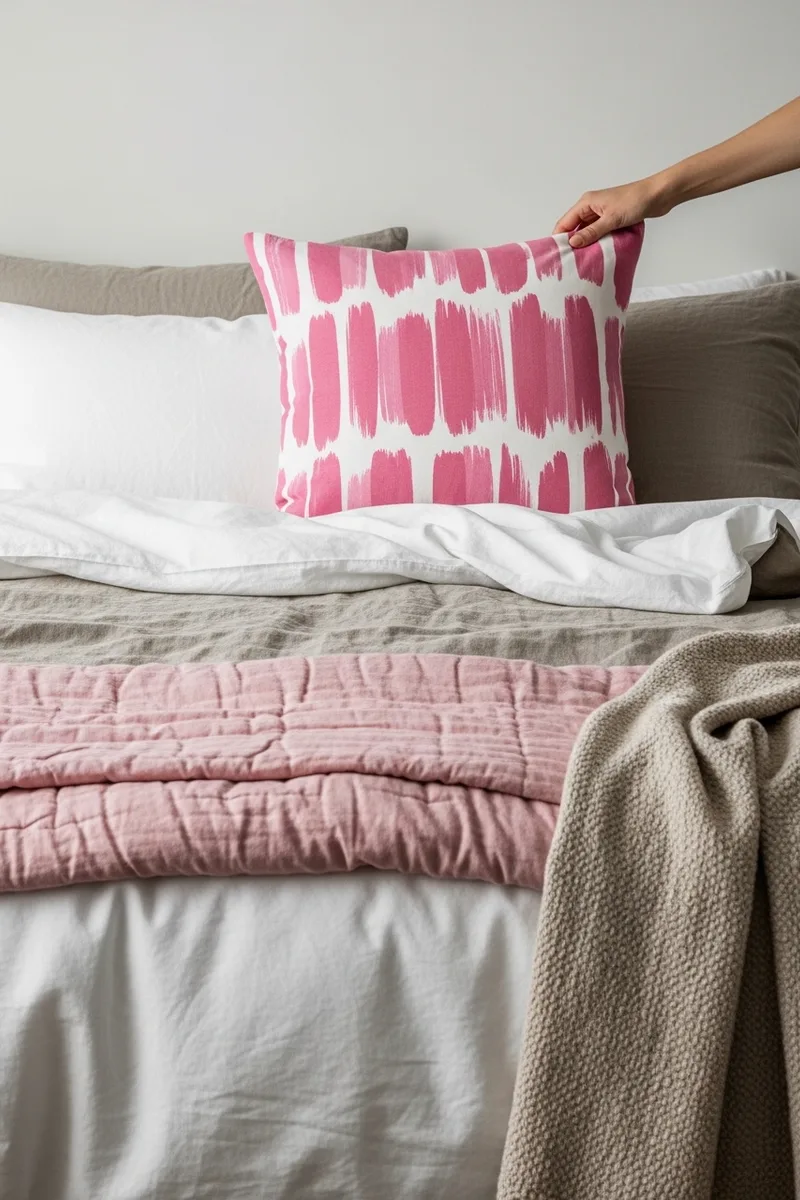 Layered Neutral Bedding with Pink