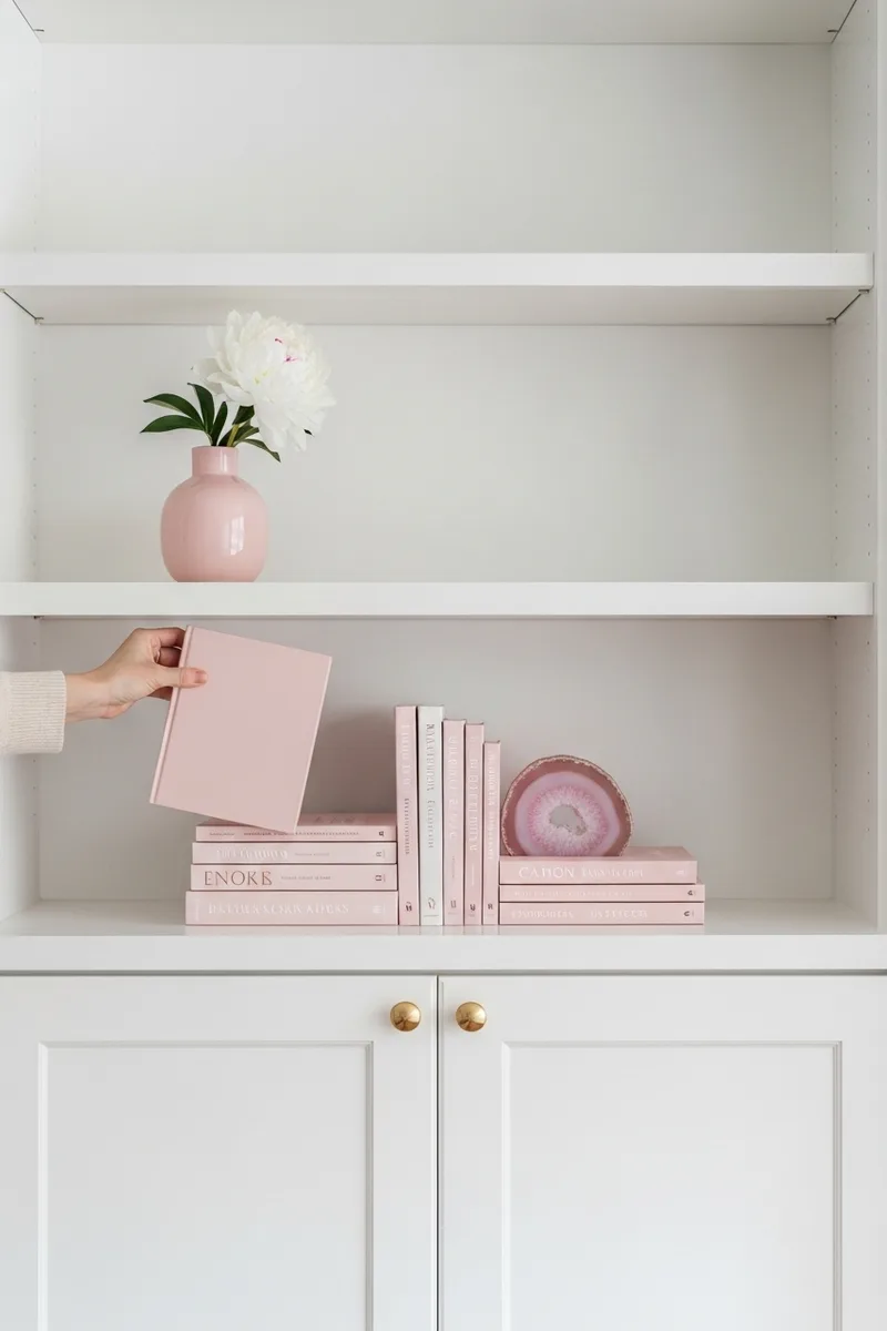 Monochromatic Pink Bookshelf Styling