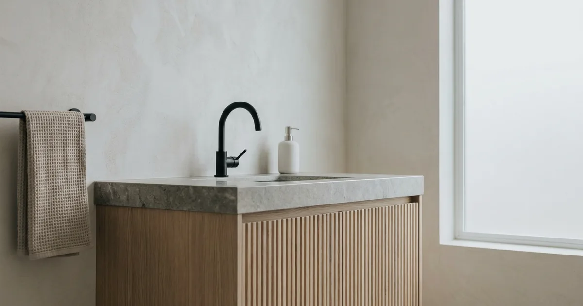 15 Fluted Woods and Matte Metals: Tactile Bathroom Finishes Everyone Wants