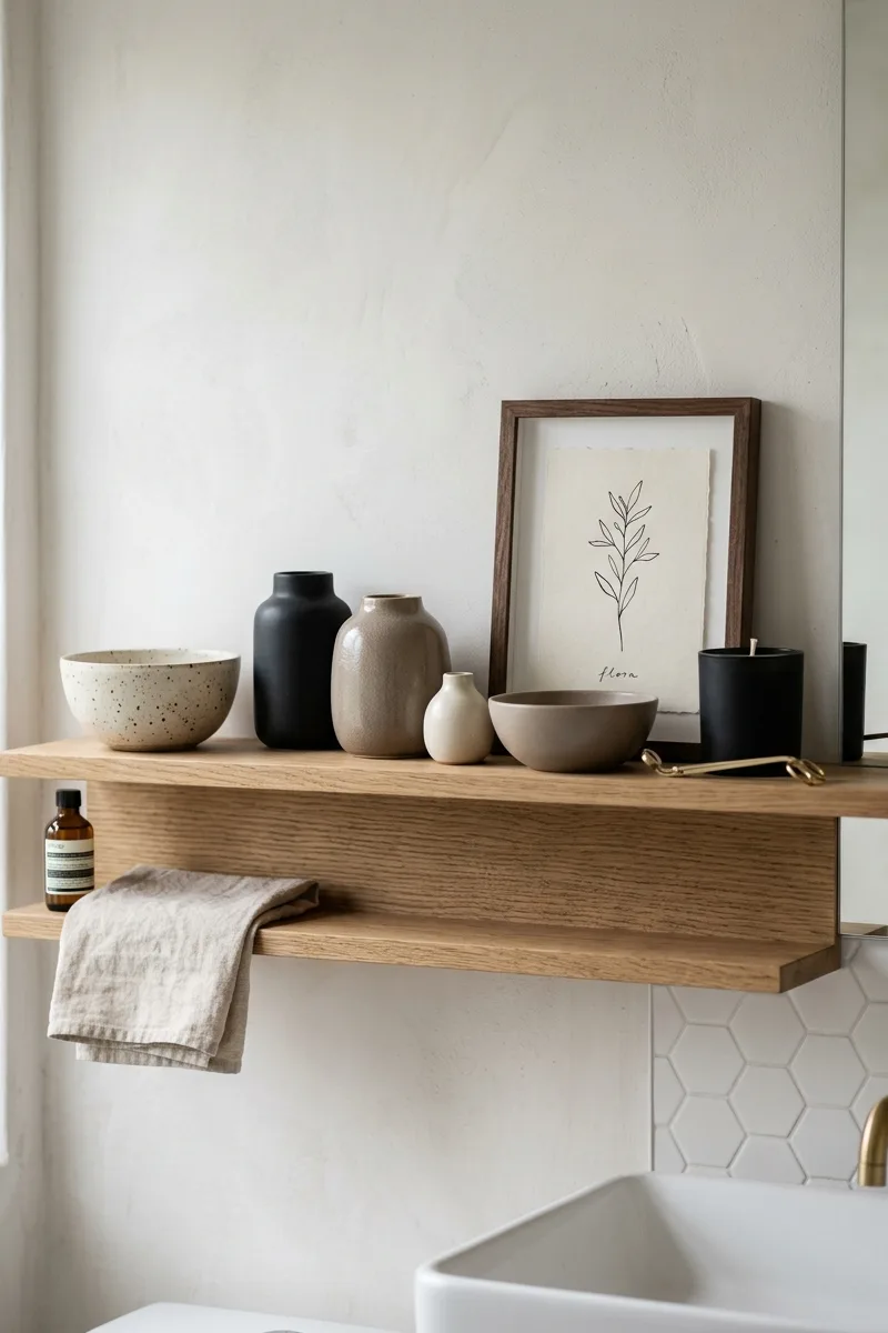 Fill shelves with ceramics
