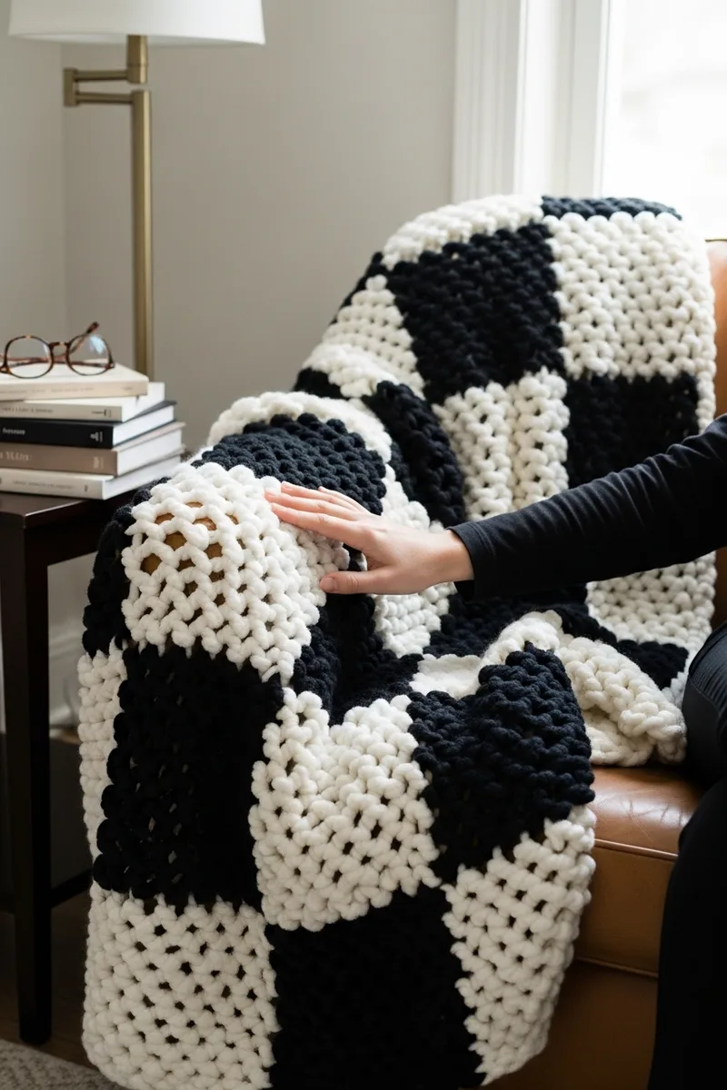 A Chunky Checkerboard Knit Blanket