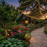 14 Enchanting Garden Pathway Designs with String Light Canopies