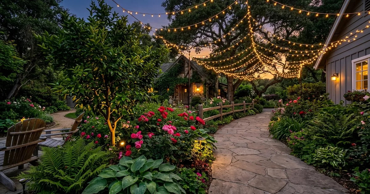 14 Enchanting Garden Pathway Designs with String Light Canopies