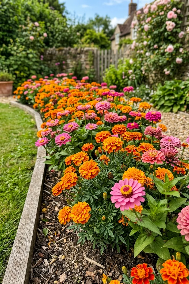 A Vibrant Mix of Marigolds and Zinnias