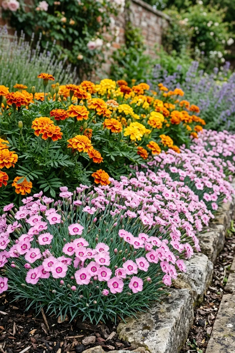 Layer with Low-Growing Pink Dianthus