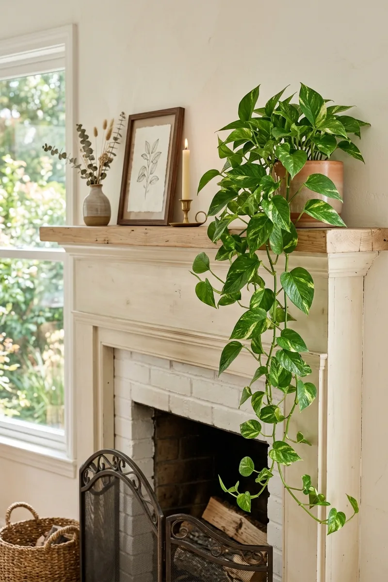 Trailing Pothos on a Mantel