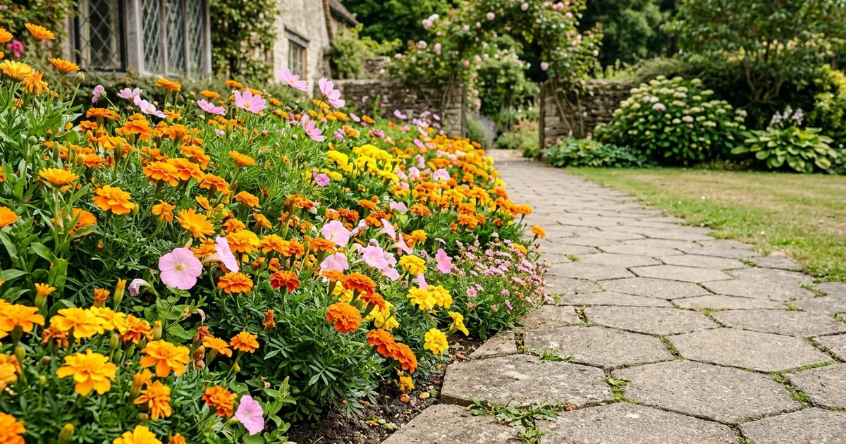 16 Bright Garden Border Ideas with Marigolds and Hexagonal Pavers