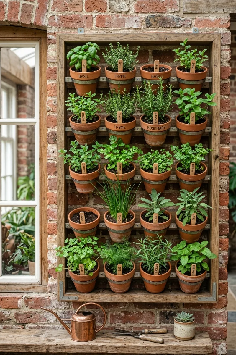 Vertical Herb Wall on a Brick Wall