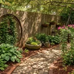 18 Beautiful Garden Corner Ideas with Wagon Wheels and Hanging Baskets