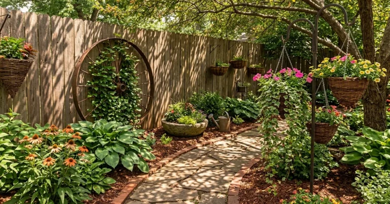 18 Beautiful Garden Corner Ideas with Wagon Wheels and Hanging Baskets
