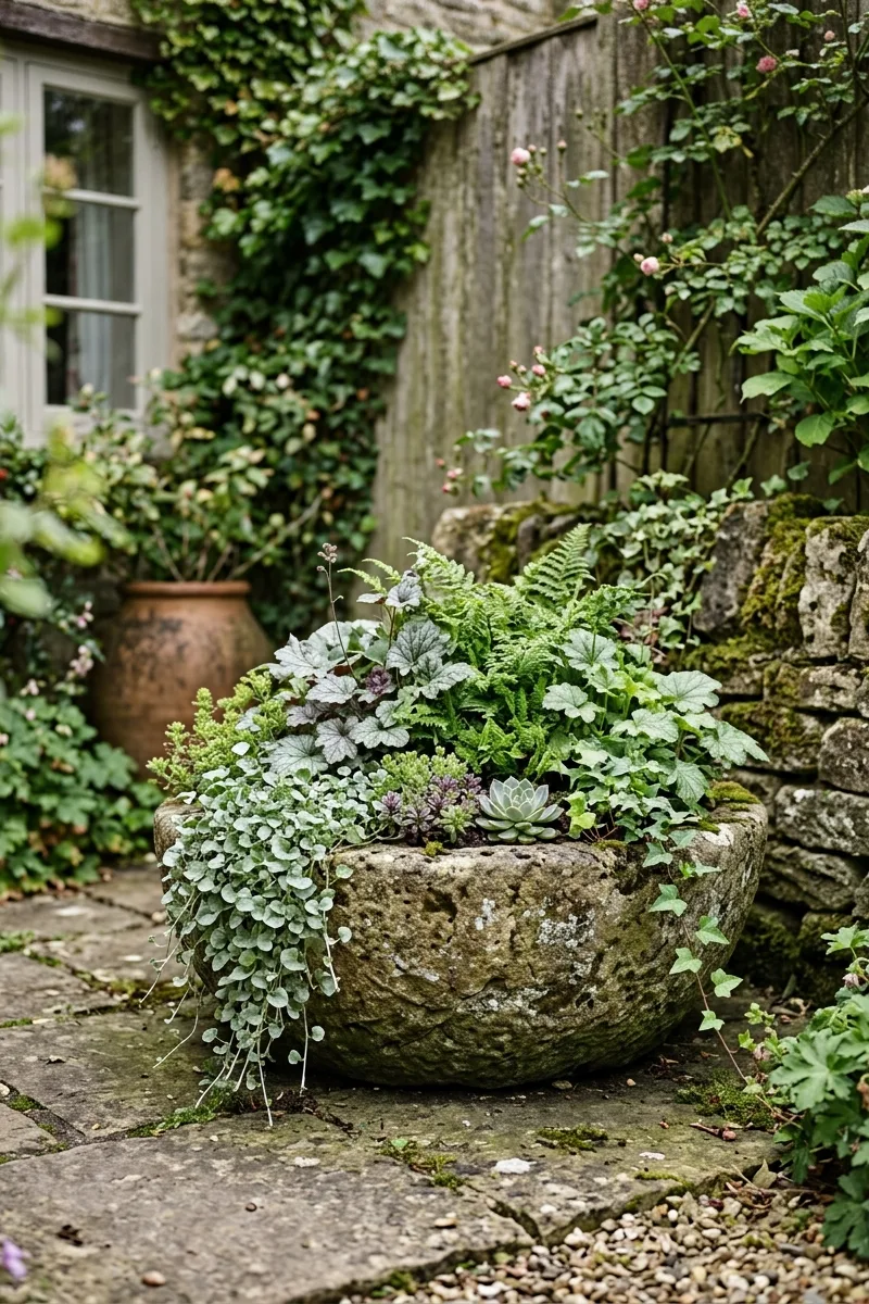 A Weathered Stone Bowl Planter