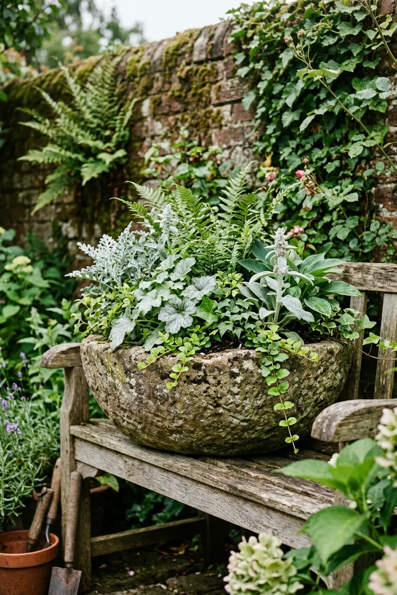 A Weathered Stone Bowl Planter