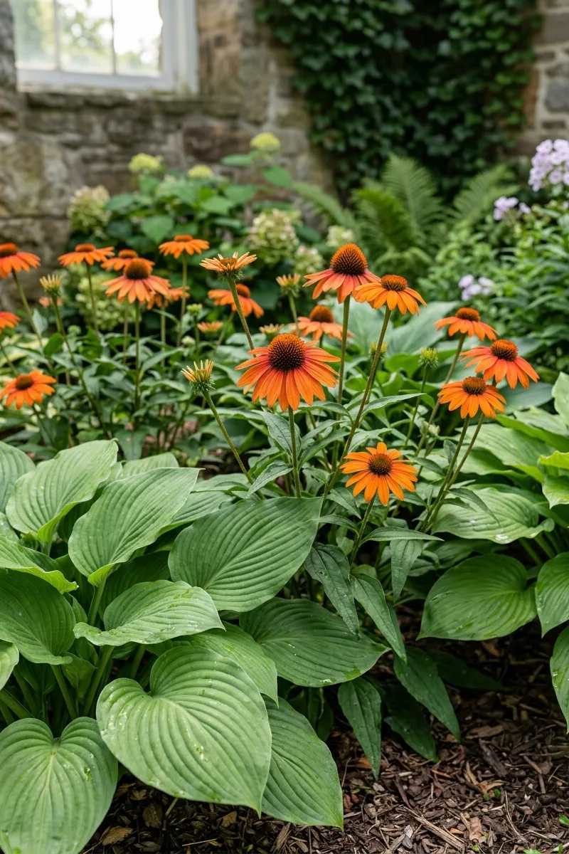 Borders of Hosta and Coneflowers