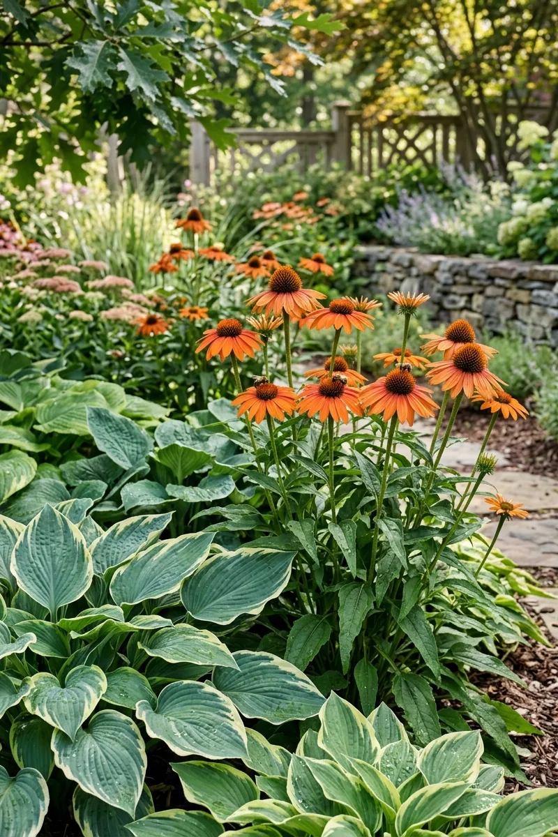 Borders of Hosta and Coneflowers