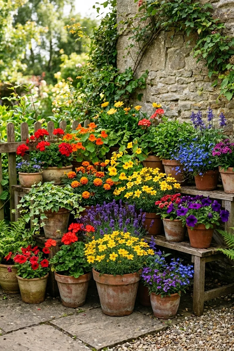 Use a Rainbow of Potted Flowers
