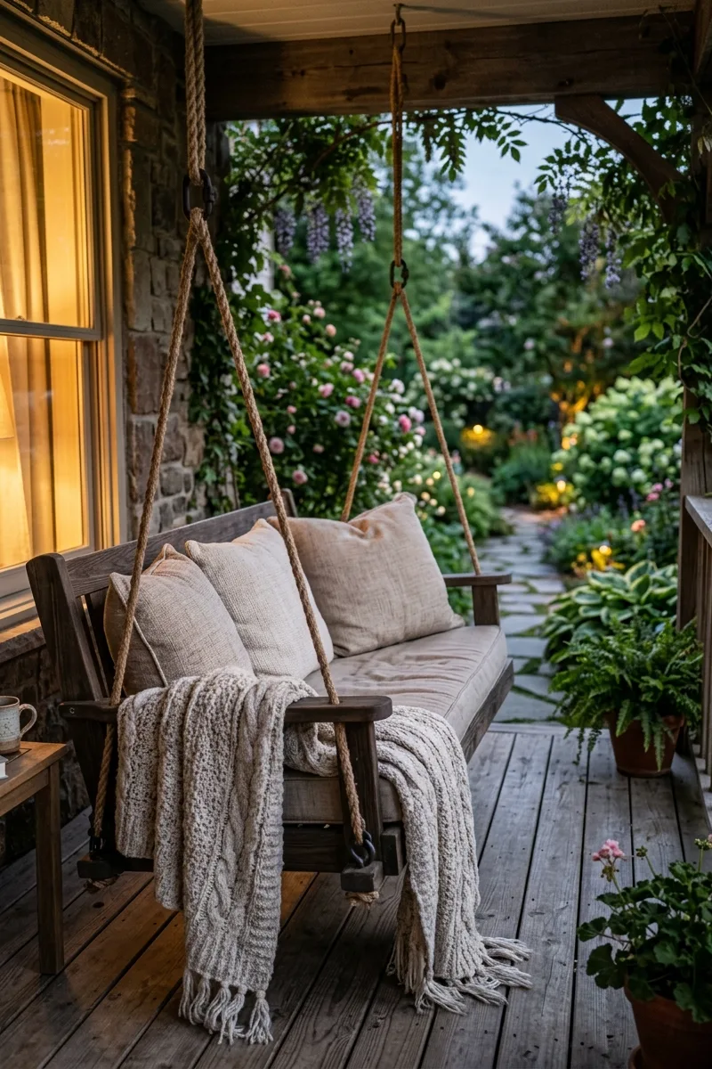 A Porch Swing with Plush Cushions
