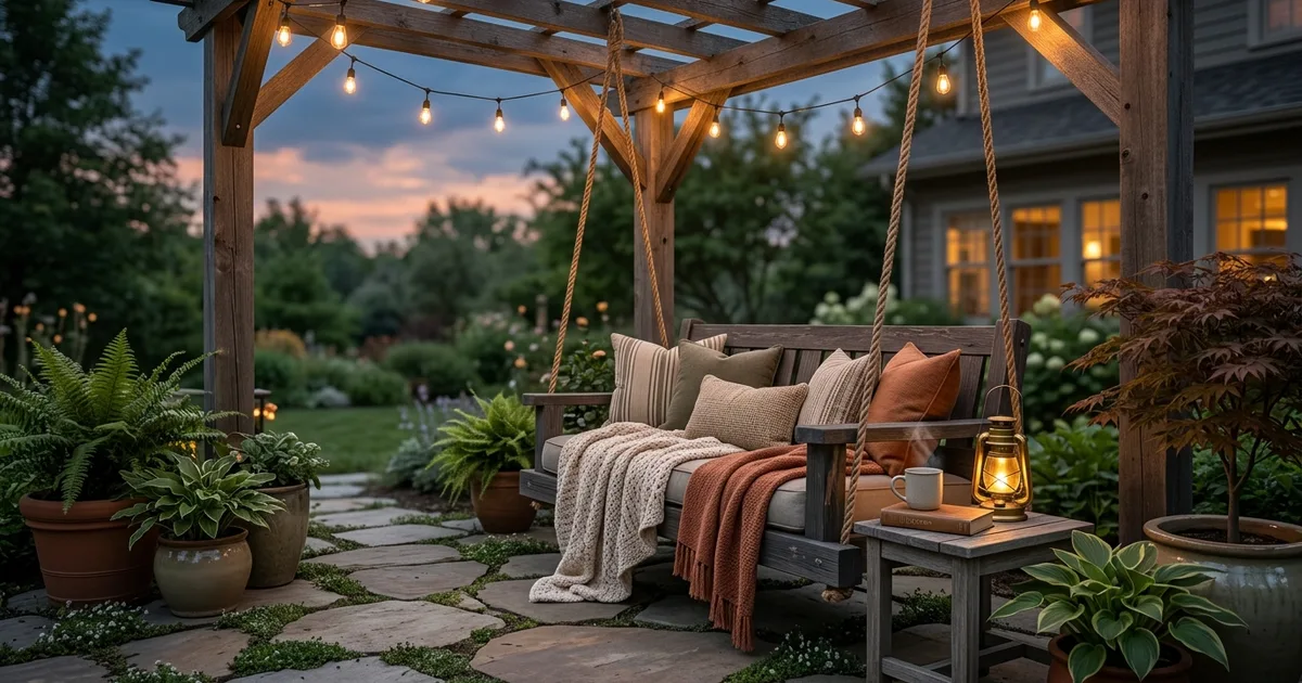 18 Cozy Porch Swing Pergola Ideas for Twilight Relaxation
