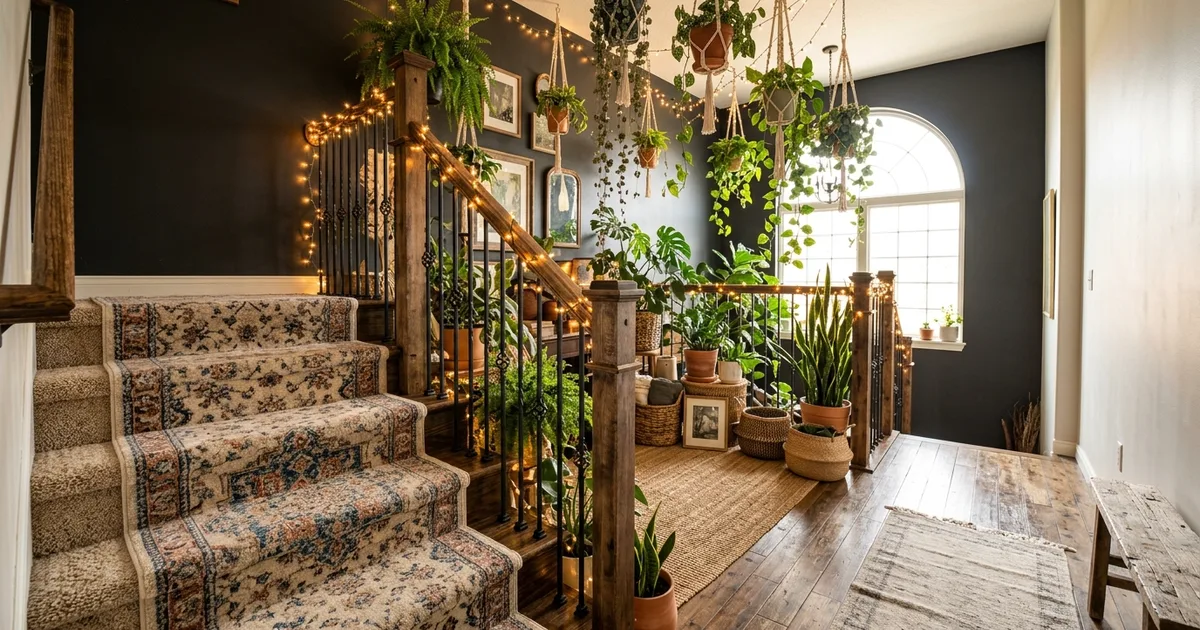 19 Boho Stairway Ideas with Plants and Woven Decor