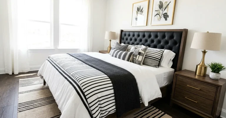 20 Stylish Bedroom Designs With Black Headboards and Striped Bedding