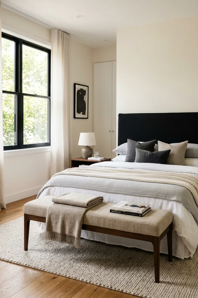 Black Headboard with a Bench at the Foot