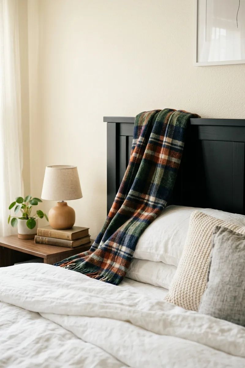 Black Headboard with Plaid Throw