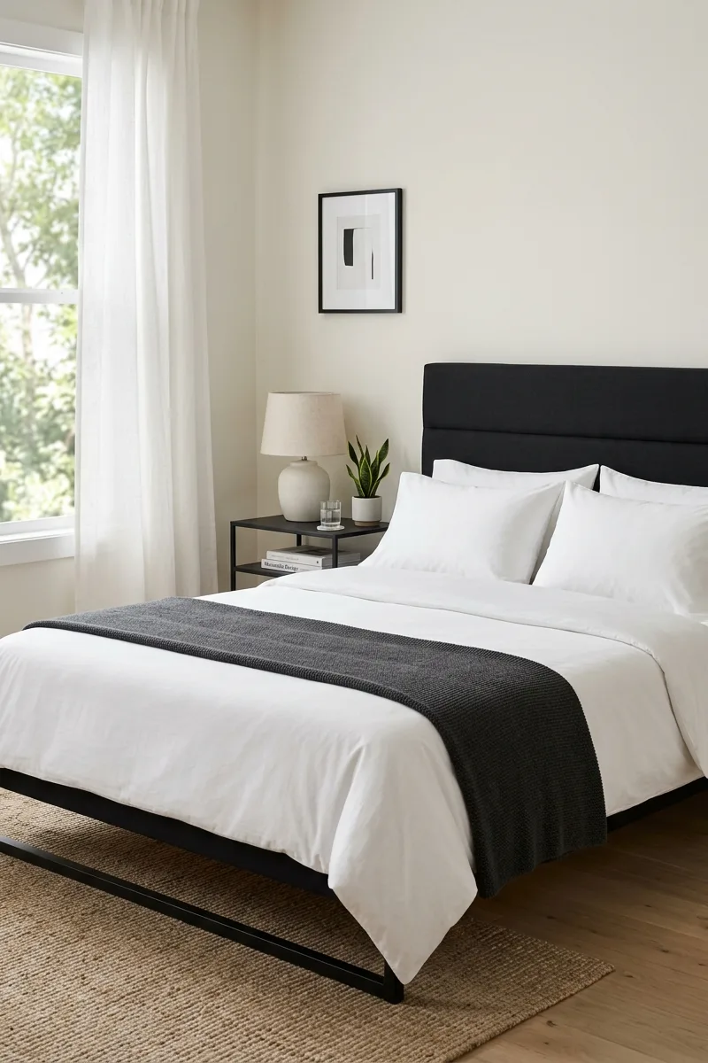 Sleek Black Frame and Bedding