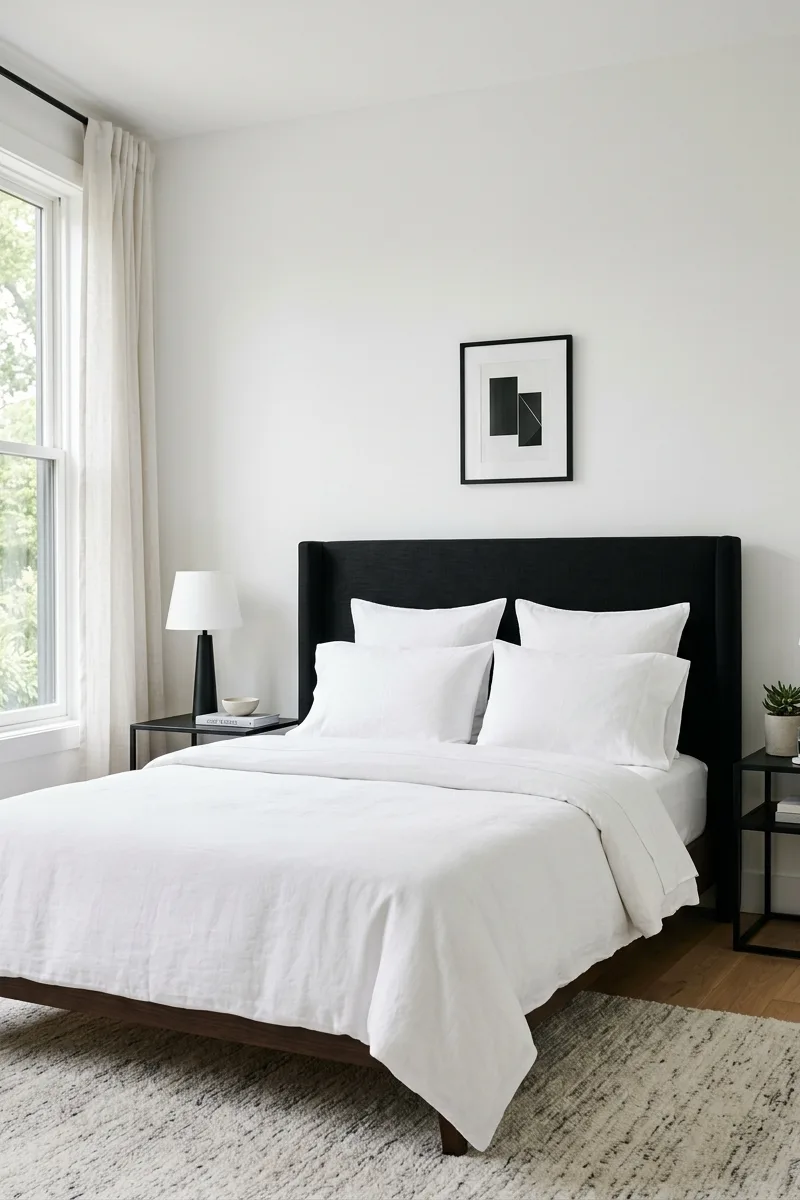 White Wall and Black Headboard Contrast