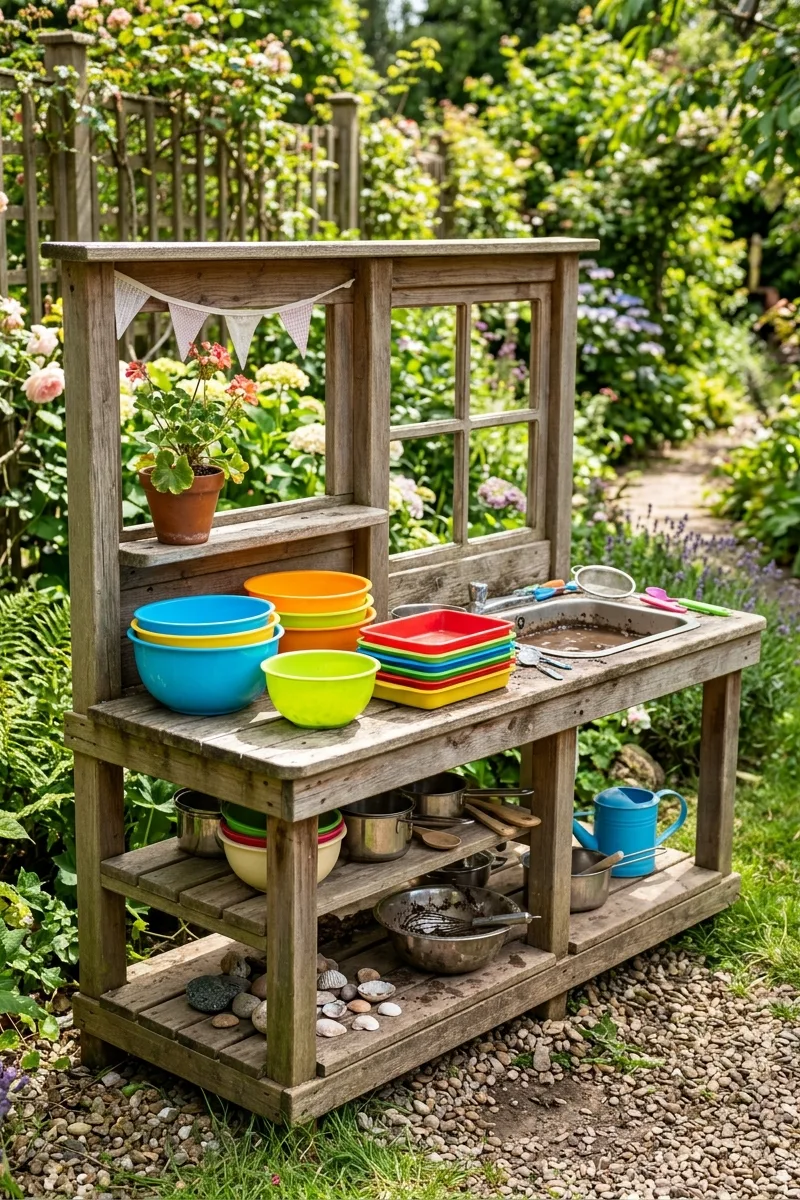 Mud Kitchen with Plastic Bowls