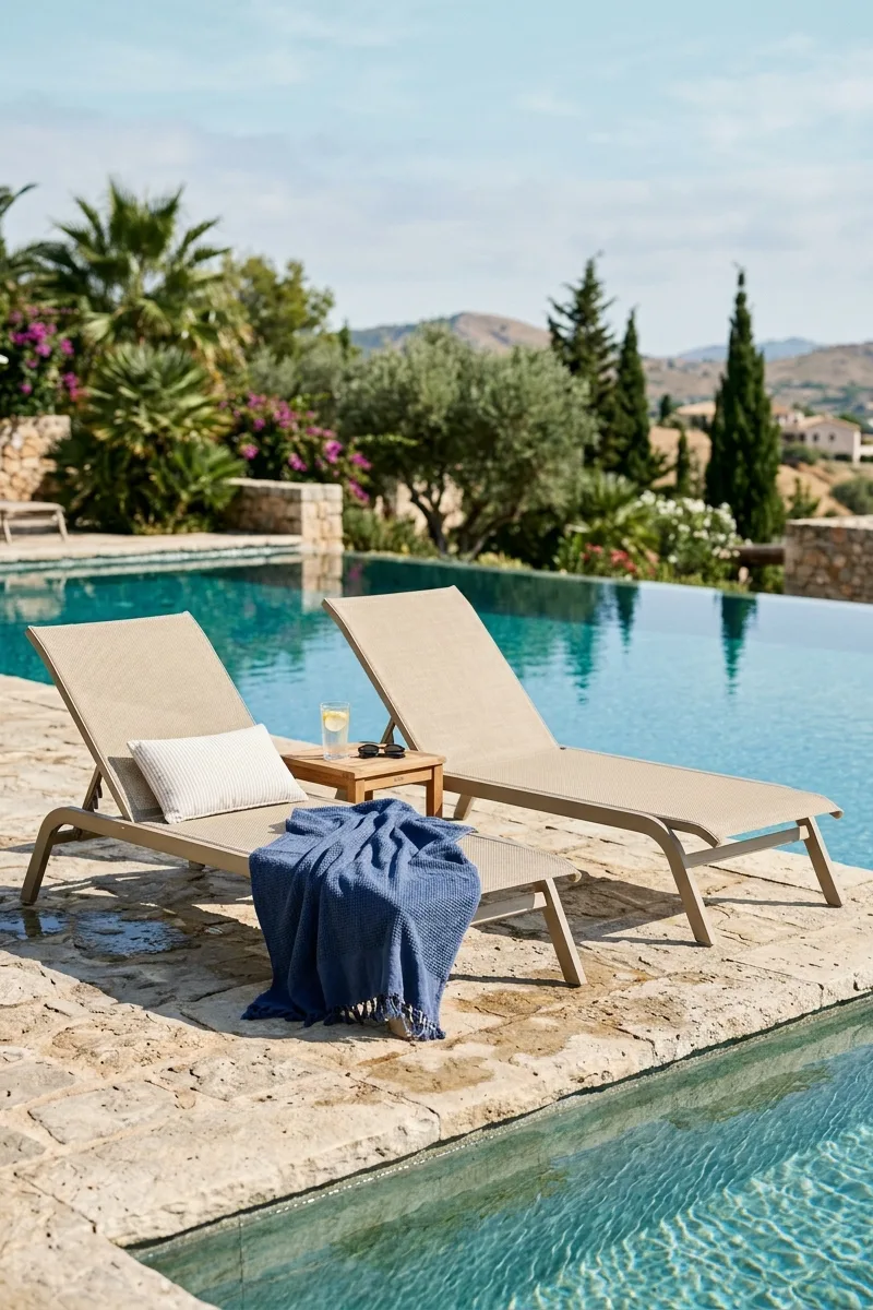 Beige Chaise Lounges by the Pool