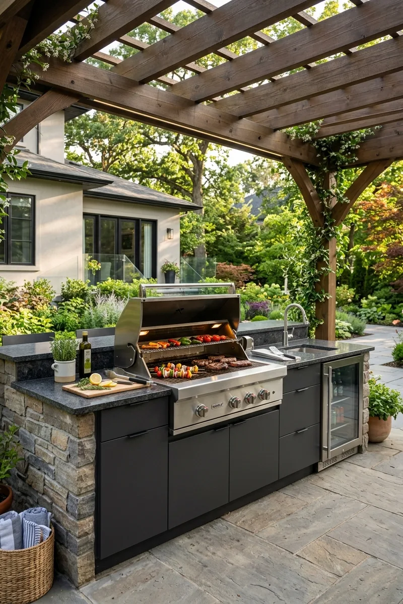 Modern Outdoor Kitchen with a Grill