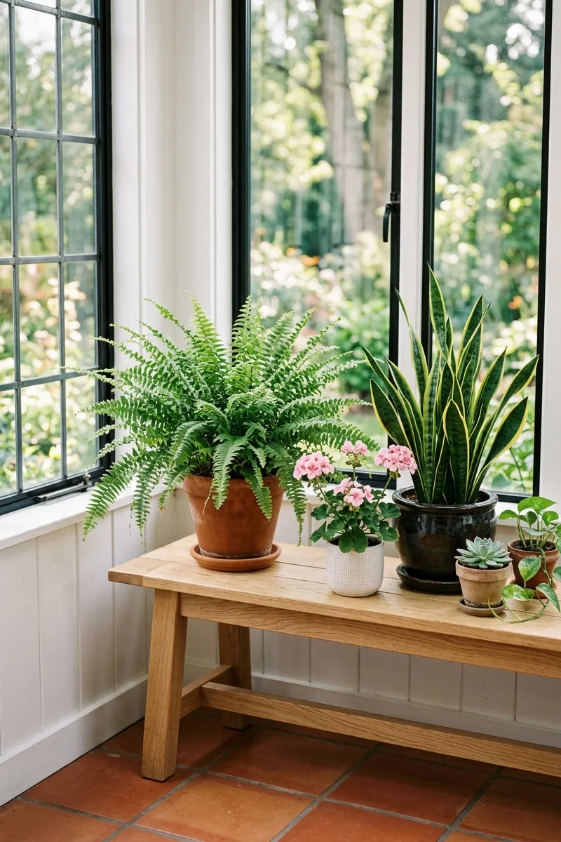 Light Wood Bench with Plants