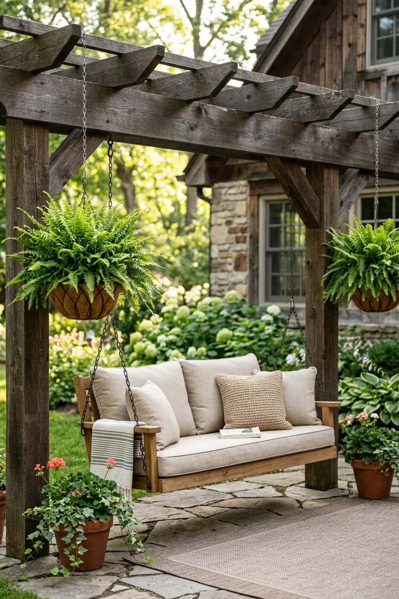 Fern Hanging Baskets on Pergola