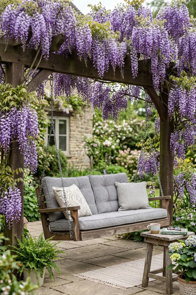 Wisteria-Covered Pergola Swing