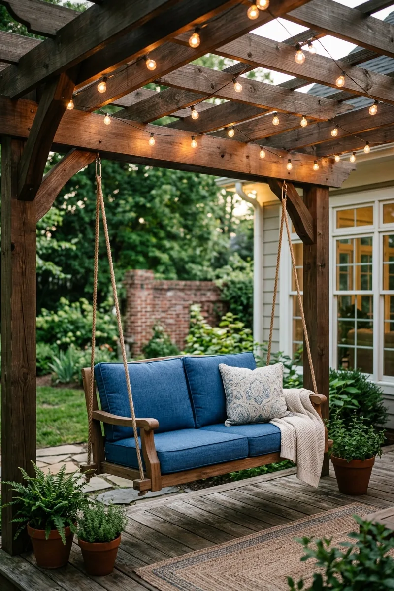 Wooden Pergola with String Lights