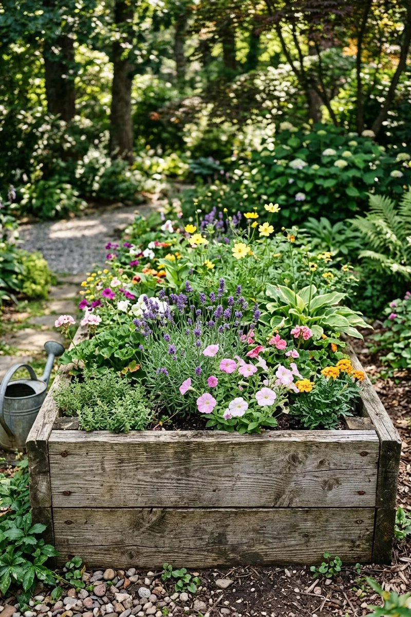 Wooden Raised Bed with Flowers