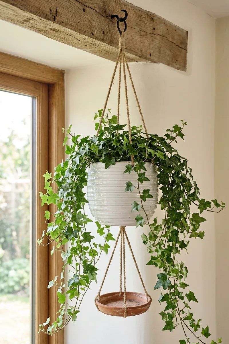 Hanging Ribbed Planter with Ivy