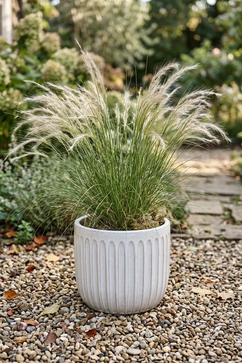 Ribbed Pot with Ornamental Grass