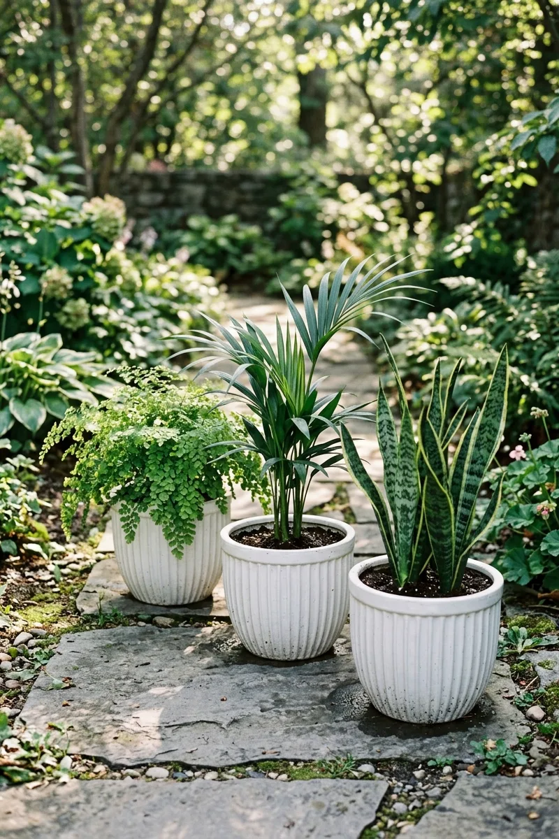 Ribbed Pots Along a Garden Path