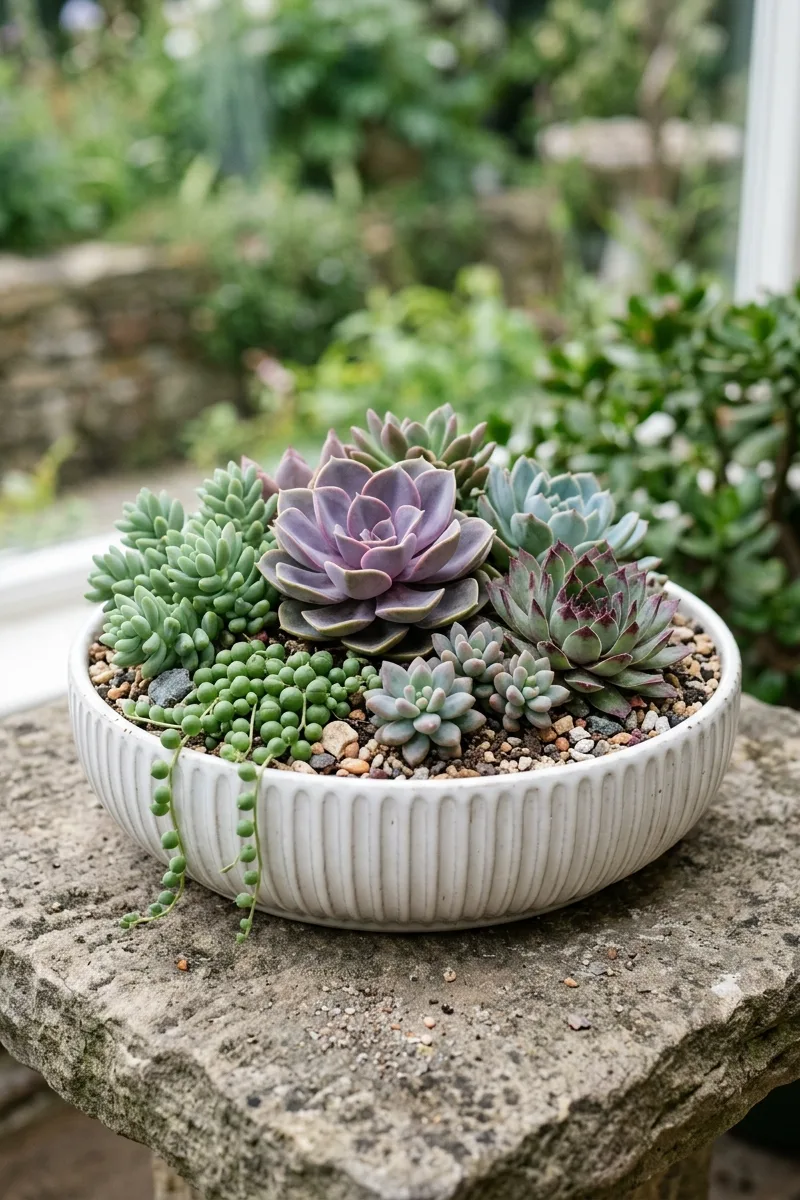Succulent Arrangement in a Shallow Bowl