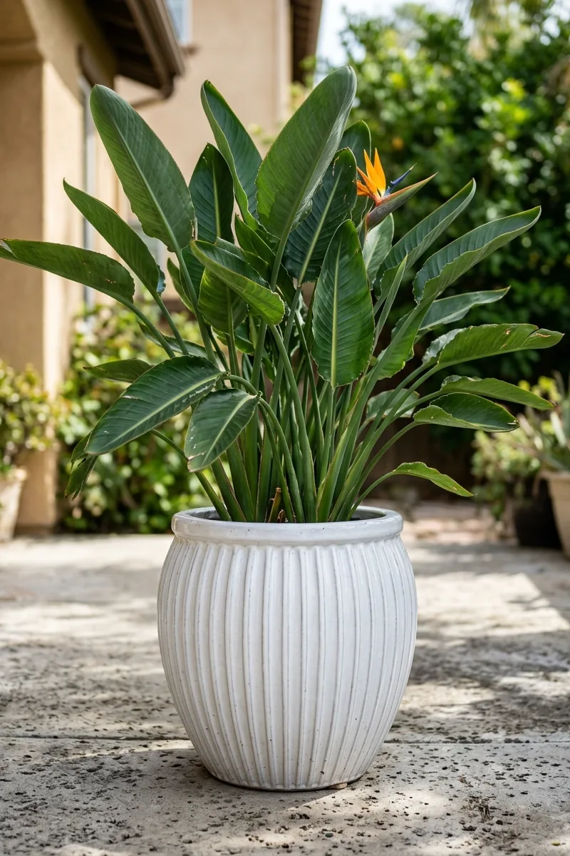 Bird of Paradise in a Tall Ribbed Pot