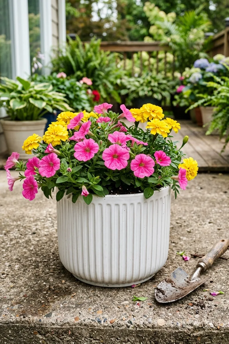 Colorful Annuals in Ribbed Pots
