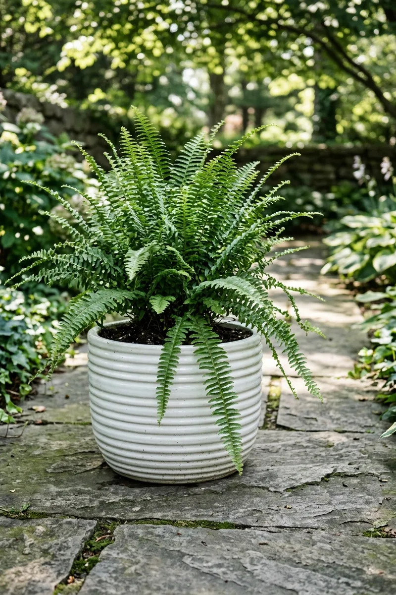 Fern in a Ribbed Planter on a Path