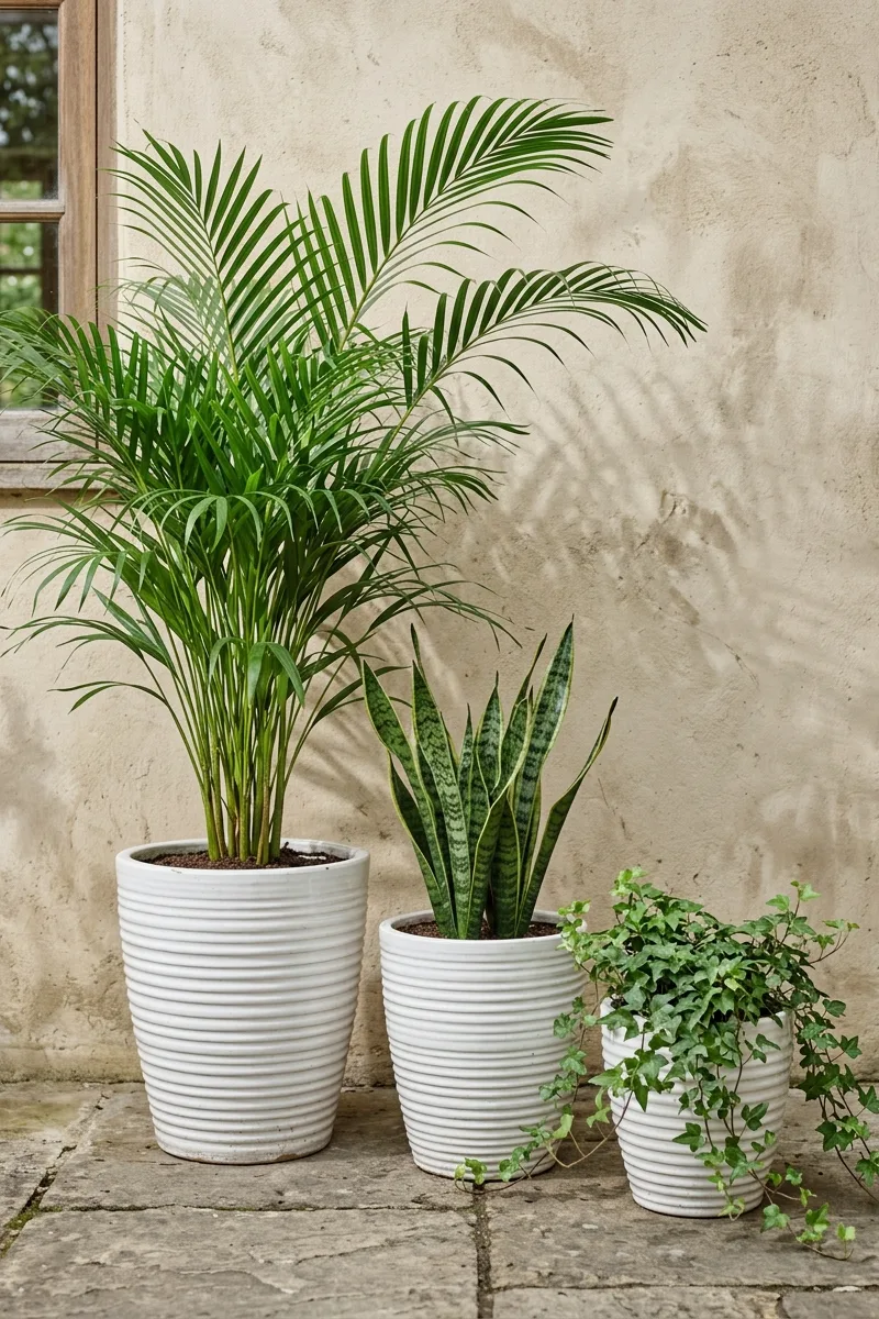 Grouped Ribbed Planters on a Wall