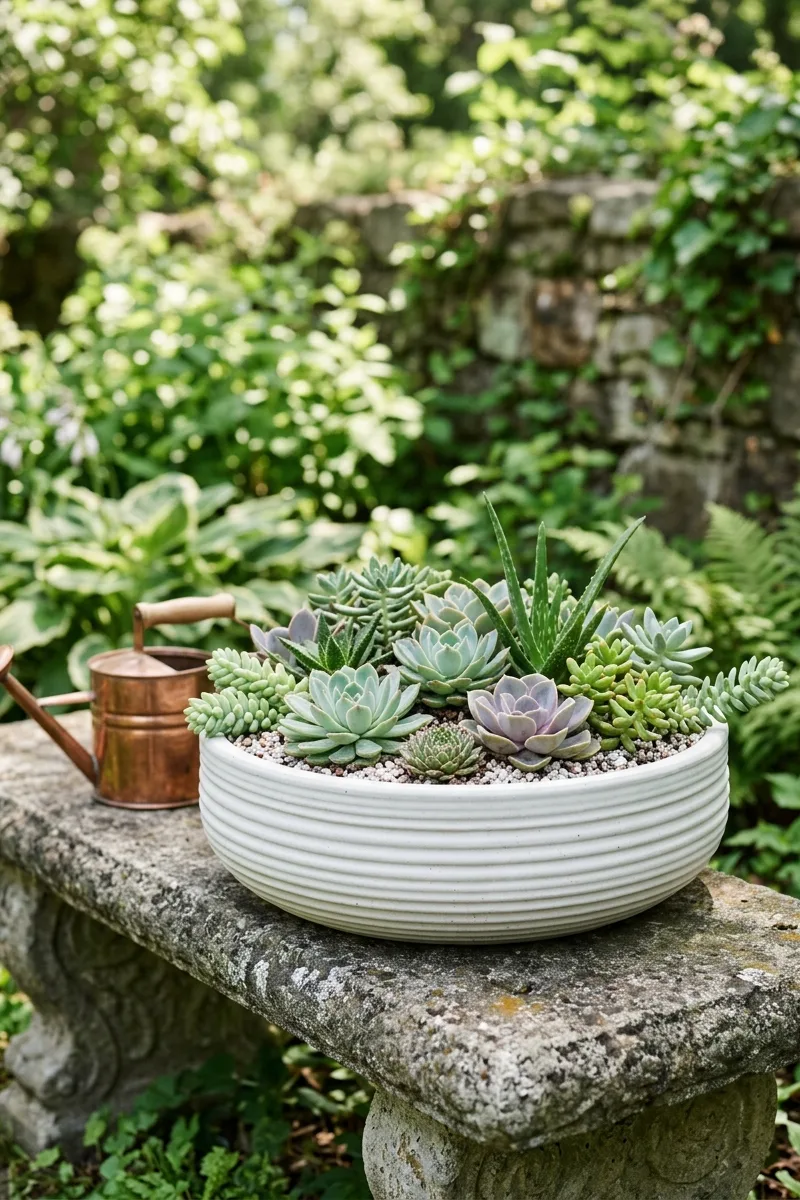 Mixed Succulents in a Wide Ribbed Bowl