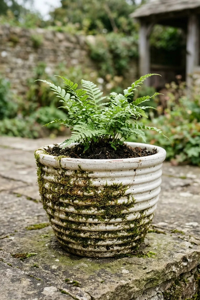 Moss-Covered Ribbed Pot