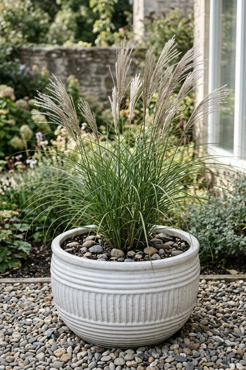 Ribbed Planter with Ornamental Grass