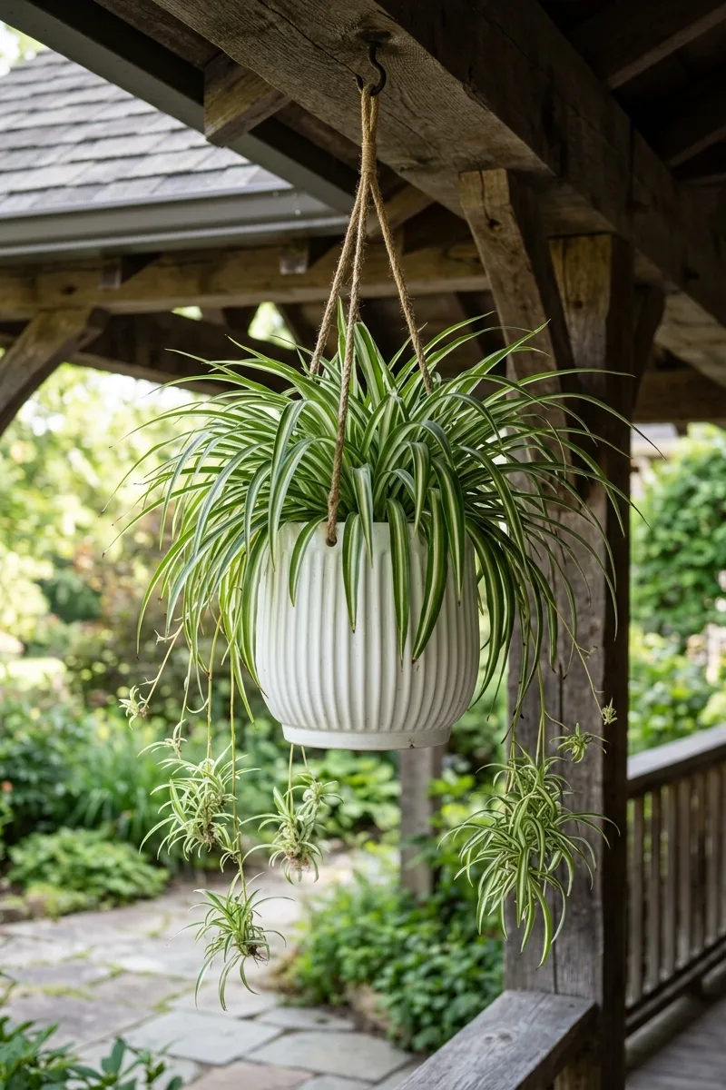 Spider Plant in a Ribbed Hanging Pot
