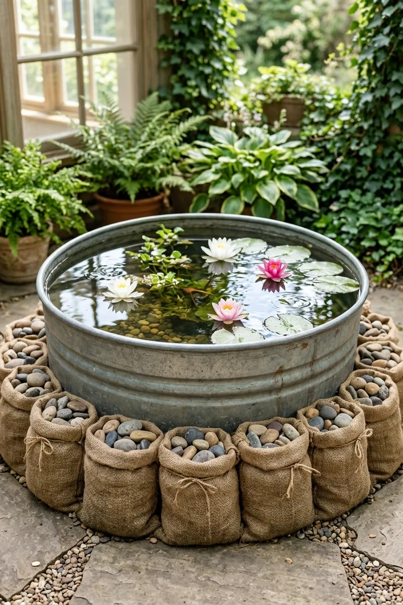 Burlap Sack Accents Around Pond