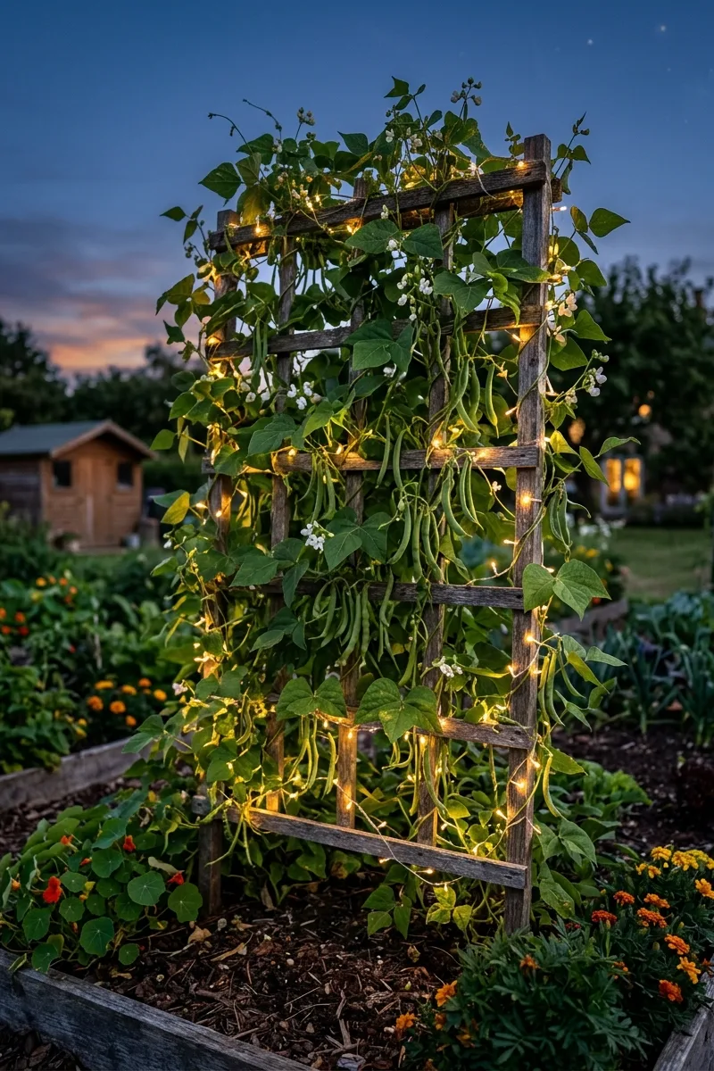 Fairy Lights in Vegetable Trellises